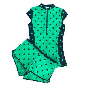 Boden Swimsuit Set Tilos Rash Vest and Piping Shorts Emerald Polkadot Size 4